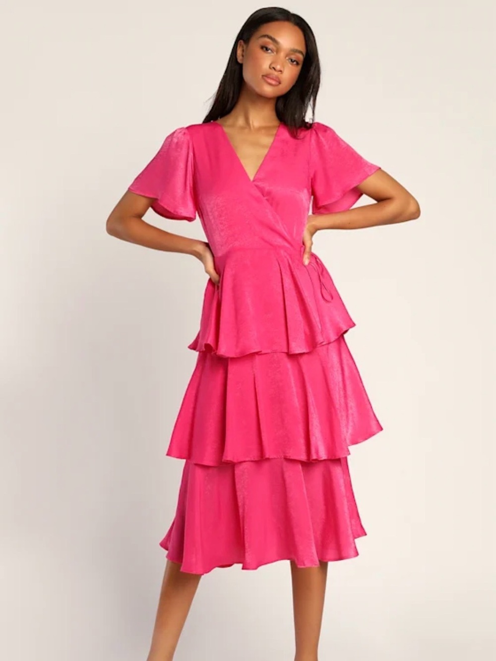 Lulus Always Forever Hot Pink Flutter Sleeve Tiered Satin Midi Dress